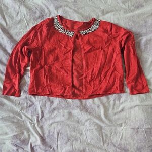 NEW YORK & COMPANY embellished cropped knit cardigan bejeweled sheer back NEW